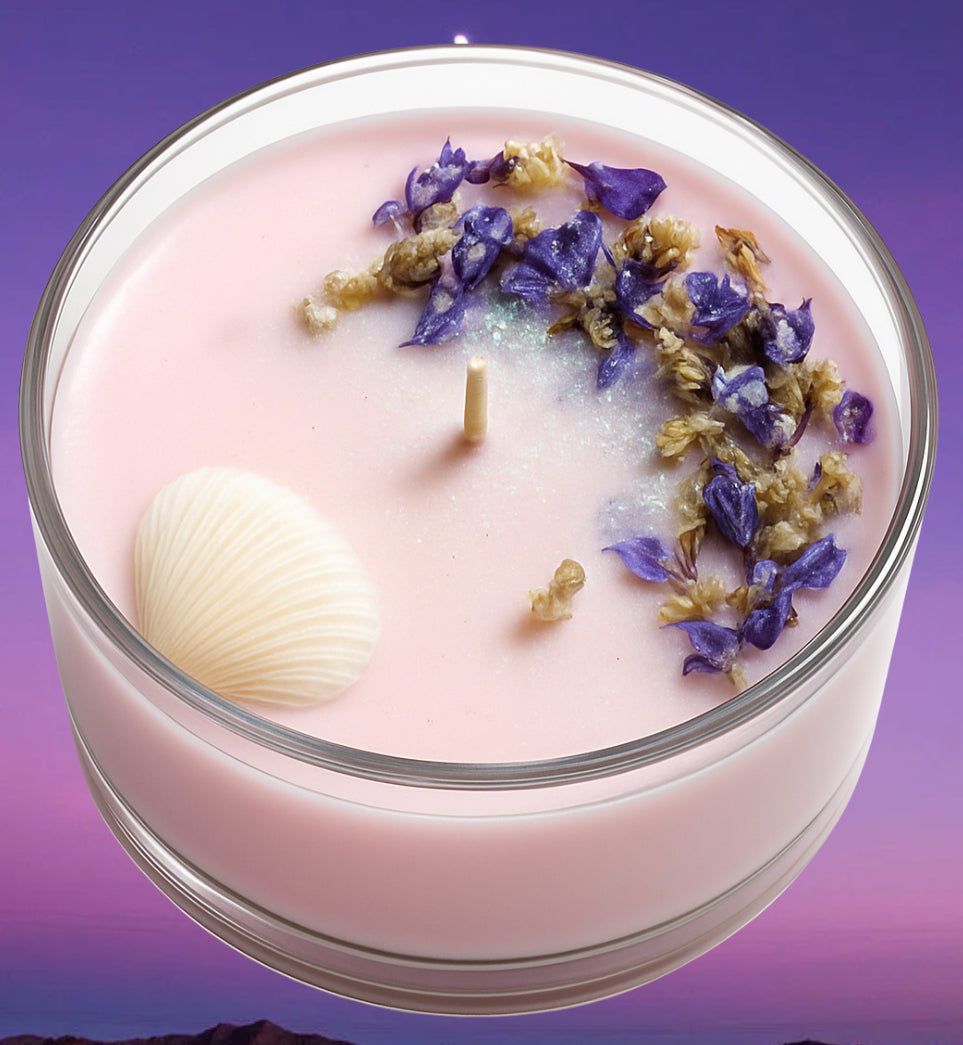 Lavender clouds shimmering skies candle