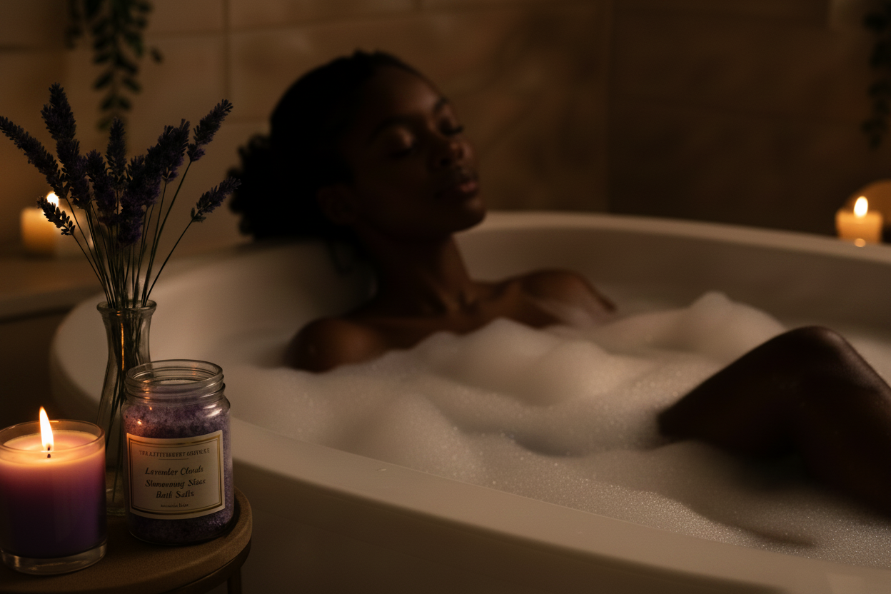Lavender Clouds & Shimmering Skies Bath Salts by The Glitterberry Boutique. This luxurious, professional-grade bath soak is meticulously crafted to offer an immersive, spa-like experience. ( Includes a free gift while supplies last!)