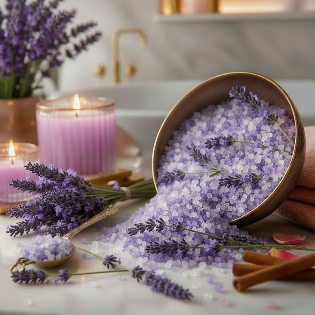 Lavender Clouds & Shimmering Skies Bath Salts by The Glitterberry Boutique. This luxurious, professional-grade bath soak is meticulously crafted to offer an immersive, spa-like experience. ( Includes a free gift while supplies last!)