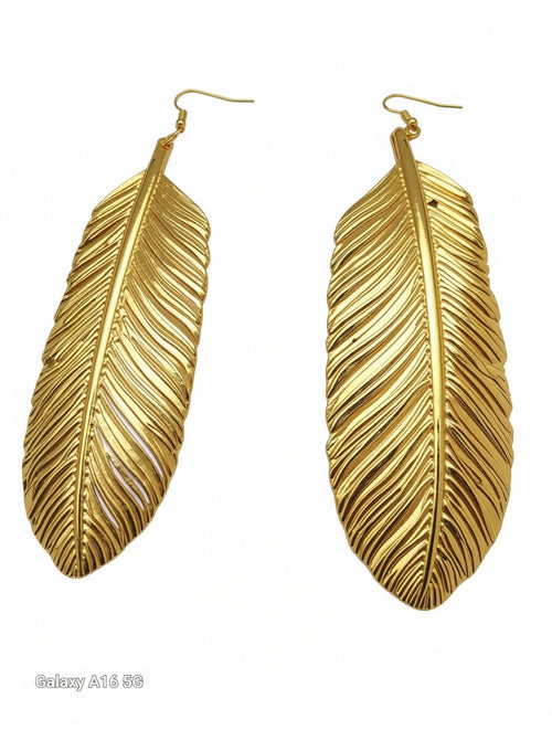 "HEY QUEEN" gold metallic feather earrings